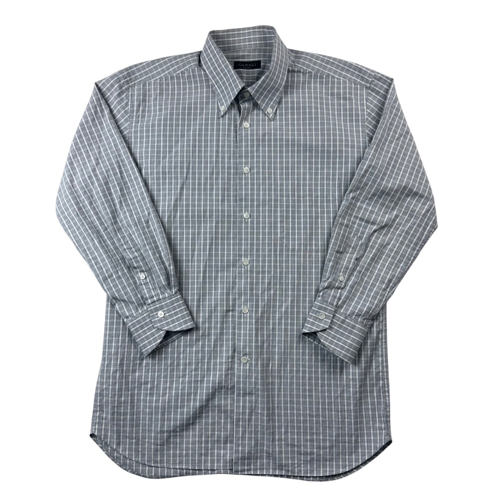 Canali Button Down Shirt Mens 44 17.5 Gray Plaid Italian Designer Quiet Luxury